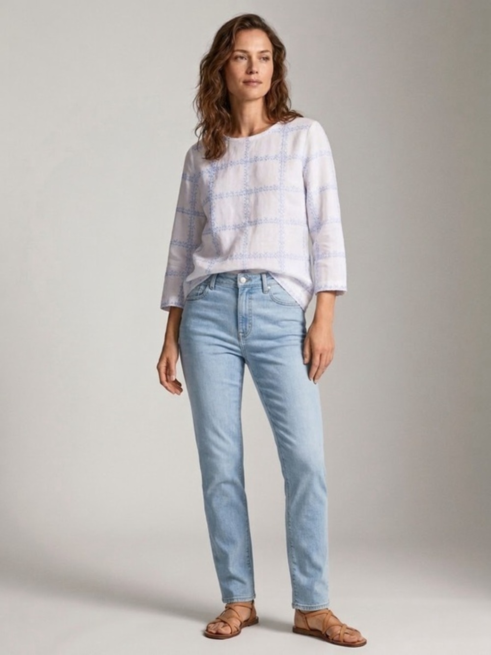 J. Jill Linen Blend Embroidered Grid Top Blue White Button Back - XS- MSRP $99